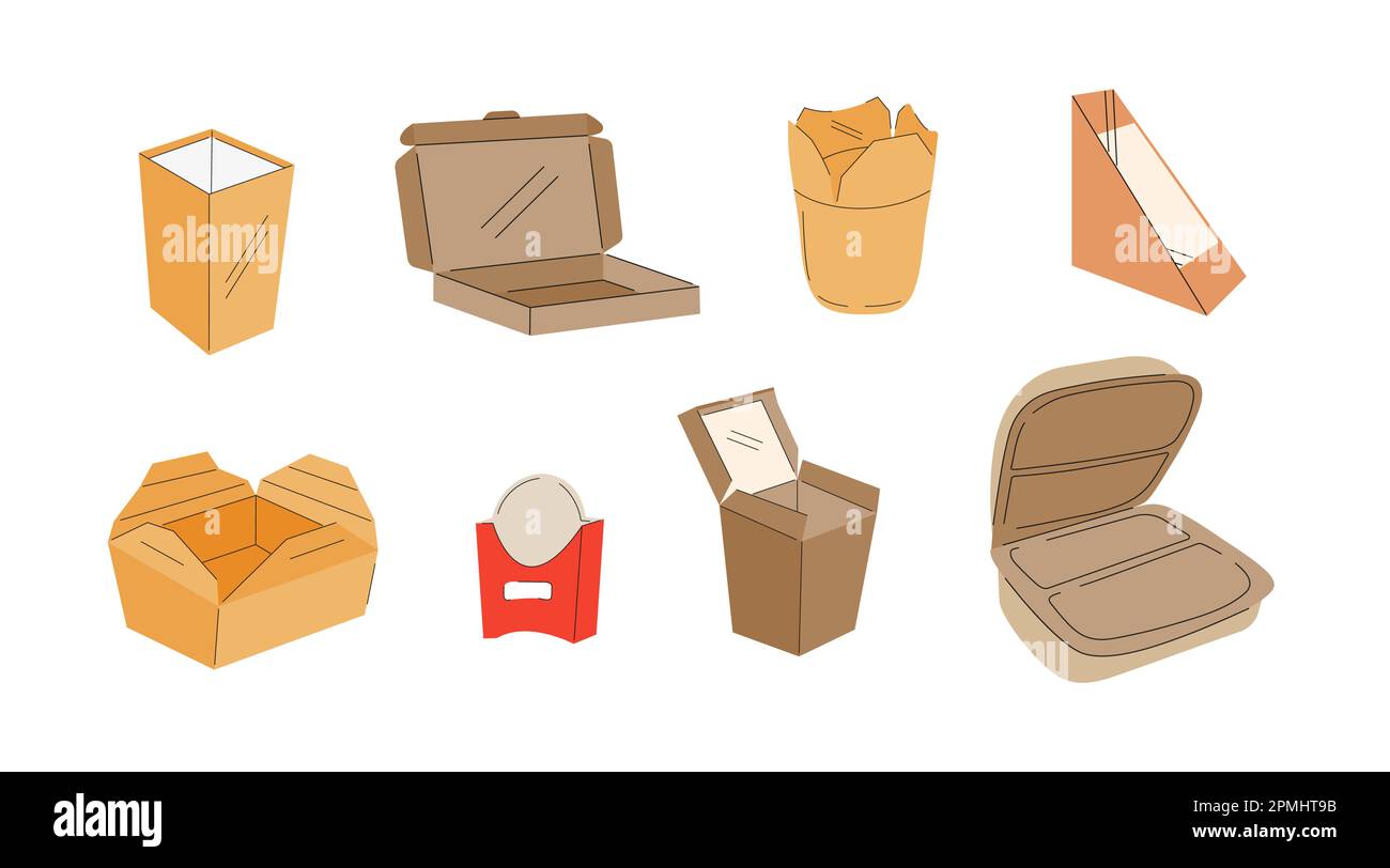 Food takeaway carton packages set vector. Lunch boxes. Cardboard cups