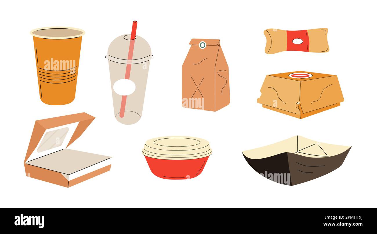 Food takeaway carton packages set vector. Lunch boxes. Cardboard cups