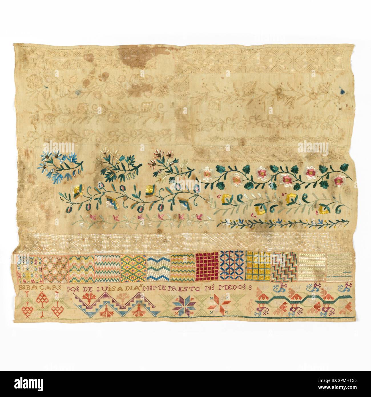 Sampler (Mexico); Embroidered by Luisa Dias; silk embroidery on linen foundation; Warp x Weft: 54.6 x 67.3 cm (21 1/2 x 26 1/2 in.); Bequest of Gertrude M. Oppenheimer; 1981-28-384 Stock Photo