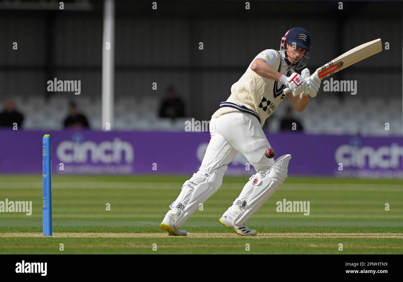 NORTHAMPTON, ENGLAND - April 13:JOHN SIMPSON in action during the  Day One of the LV= Insurance County Championship match between Northamptonshire and  Middlesex Thu 13 April  at The County Ground  in Northampton, England. Stock Photo