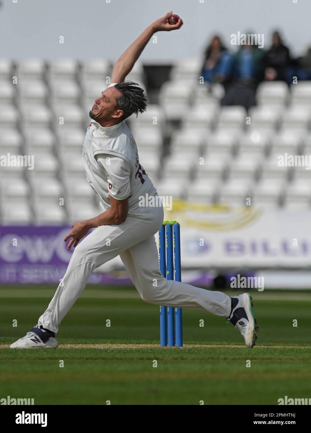 NORTHAMPTON, ENGLAND - April 13: Chris Tremain of Northampton in action during the  Day One of the LV= Insurance County Championship match between Northamptonshire and  Middlesex Thu 13 April  at The County Ground  in Northampton, England. Stock Photo