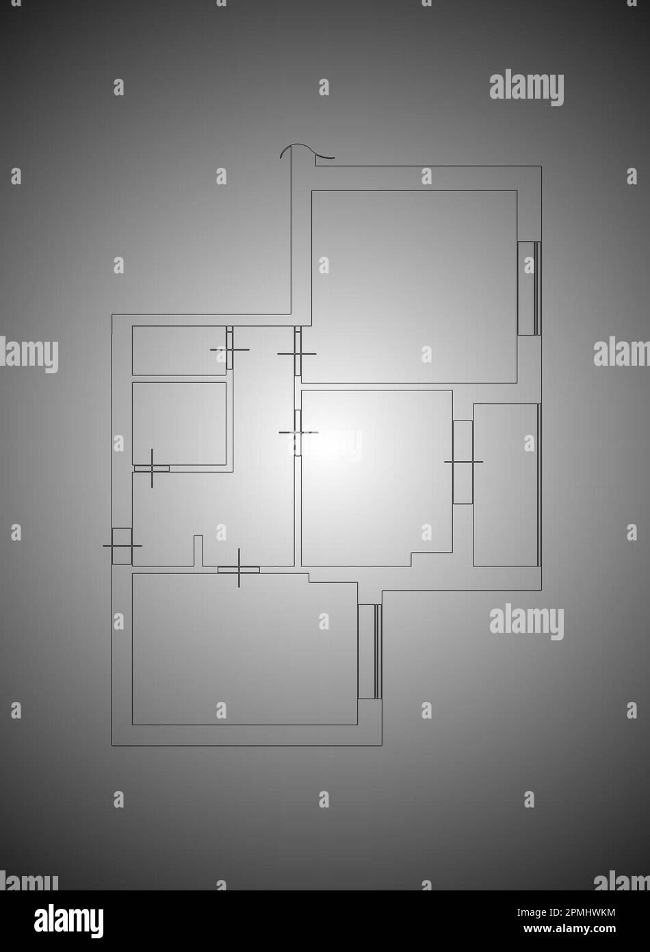 Floor Plan. Apartment Blueprint with Construction Elements. House Project. 2d floor plan. Black&white floor plan.2d floor plan Stock Photo