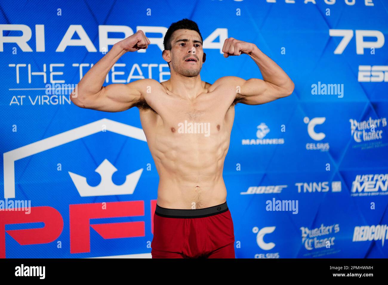 April 13, 2023, LAS VEGAS, NEVADA, LAS VEGAS, NEVADA, United States: LAS VEGAS, NEVADA - April 13: Alex Martinez steps on the scale for the official weigh-ins at The Linq Hotel & Casino for PFL 3 - Lightweights & Welterweights - Official Weigh-ins on April 13, 2023 in LAS VEGAS, NEVADA, United States. (Credit Image: © Louis Grasse/PX Imagens via ZUMA Press Wire) EDITORIAL USAGE ONLY! Not for Commercial USAGE! Stock Photo