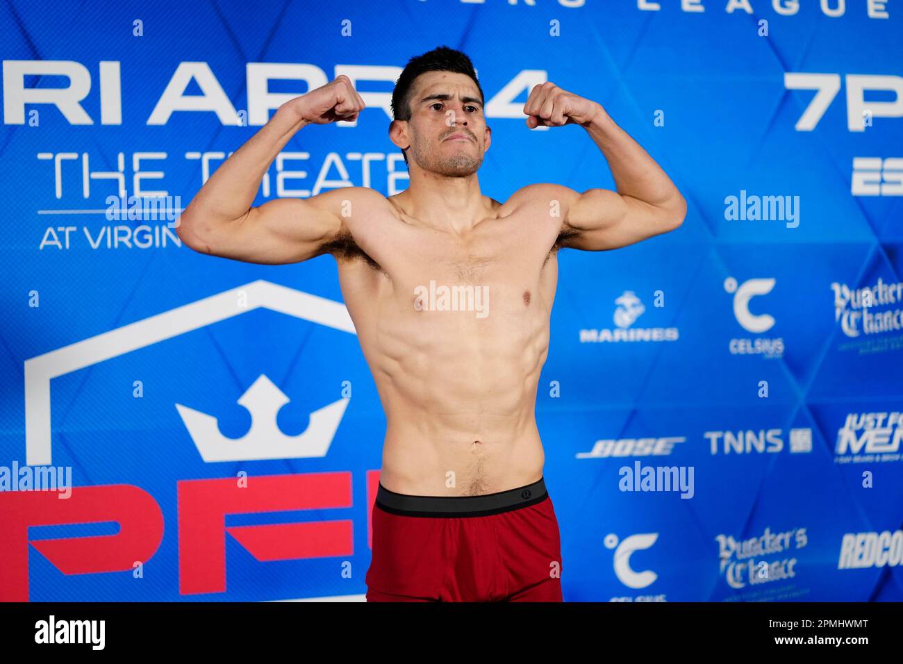 April 13, 2023, LAS VEGAS, NEVADA, LAS VEGAS, NEVADA, United States: LAS VEGAS, NEVADA - April 13: Alex Martinez steps on the scale for the official weigh-ins at The Linq Hotel & Casino for PFL 3 - Lightweights & Welterweights - Official Weigh-ins on April 13, 2023 in LAS VEGAS, NEVADA, United States. (Credit Image: © Louis Grasse/PX Imagens via ZUMA Press Wire) EDITORIAL USAGE ONLY! Not for Commercial USAGE! Stock Photo