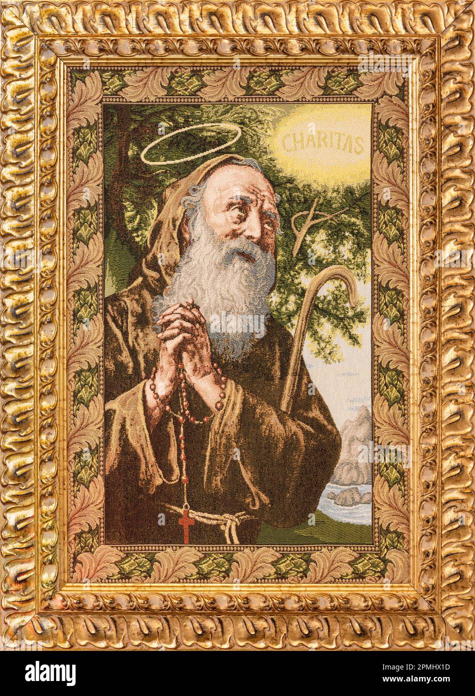 GENOVA, ITALY - MARCH 6, 2023:  The tapestry of St. Francis de Paul in the church Santuario di San Franceso da Paola from 20. cent. Stock Photo