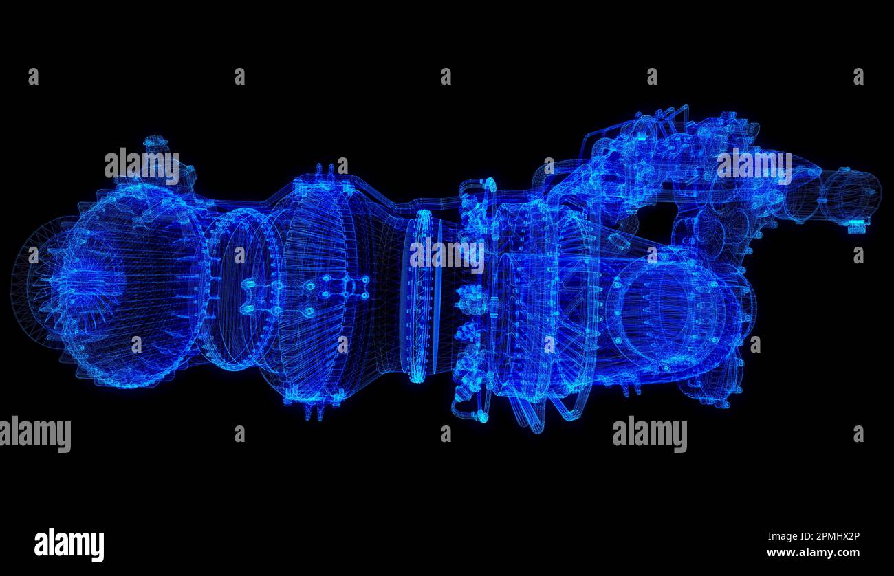 Gas turbine engine. Blue particle and lines form 3d model Stock Photo