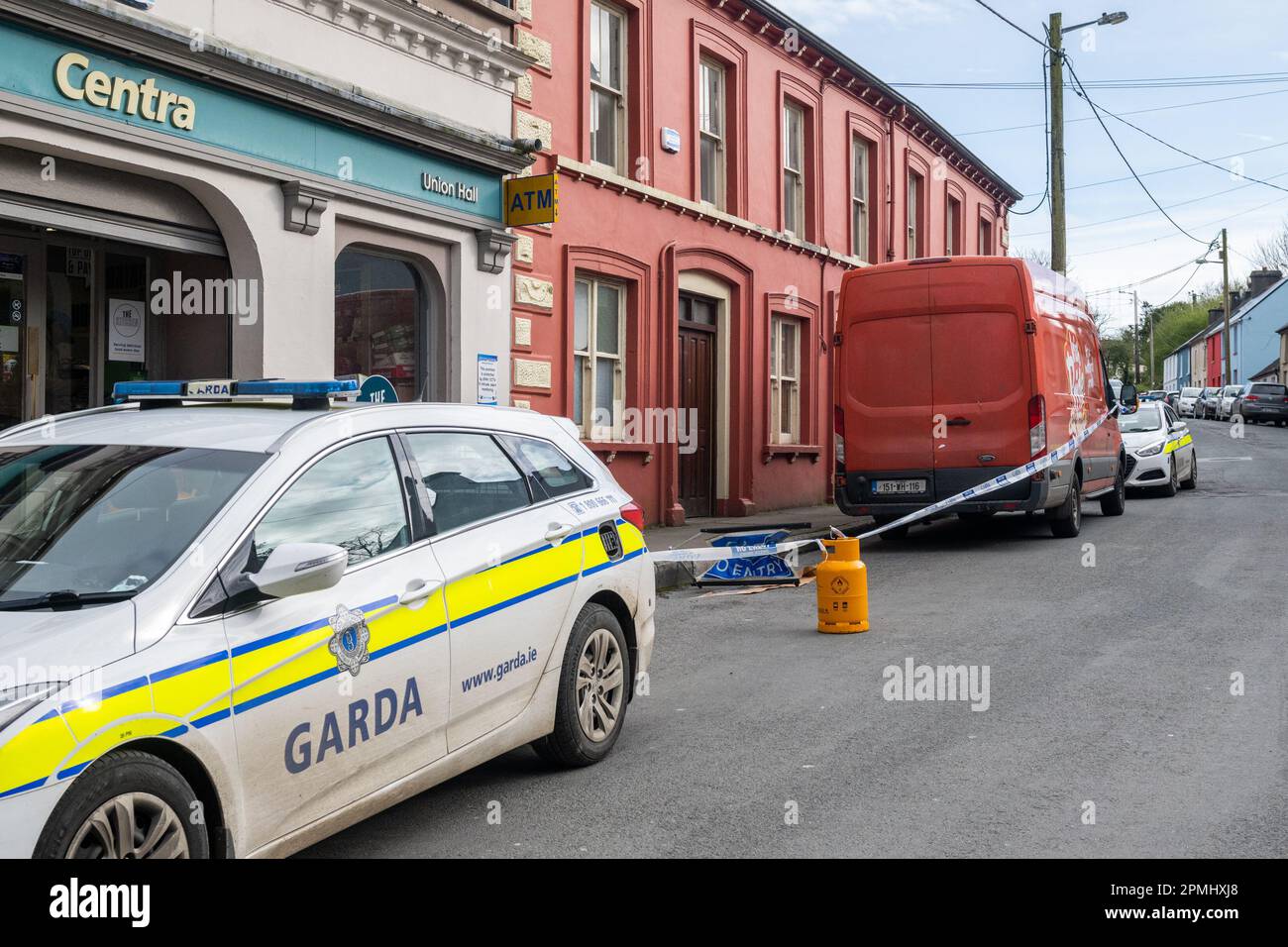 Union Hall, West Cork, Ireland. 13th Apr, 2023. A pedestrian in his 70's has passed away after a bread van collided with him in Main Street, Union Hall. The collision happened at 8.30 this morning and two Gardai have been preserving the scene since this morning. Forensic Collision Investigators examined the scene this afternoon and a recovery truck has since taken the bread van away, with the road reopened to traffic and pedestrians. Credit: AG News/Alamy Live News Stock Photo