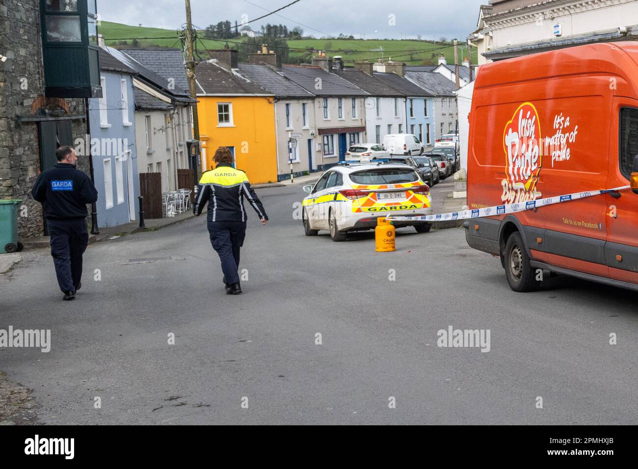 Union Hall, West Cork, Ireland. 13th Apr, 2023. A pedestrian in his 70's has passed away after a bread van collided with him in Main Street, Union Hall. The collision happened at 8.30 this morning and two Gardai have been preserving the scene since this morning. Forensic Collision Investigators examined the scene this afternoon and a recovery truck has since taken the bread van away, with the road reopened to traffic and pedestrians. Credit: AG News/Alamy Live News Stock Photo