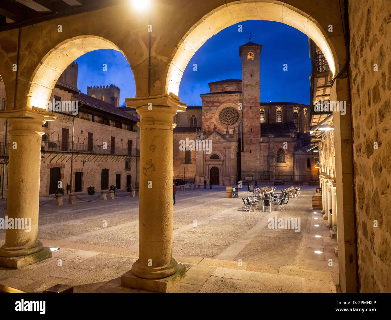 Main square and cathedral of the medieval city of Sigüenza in Guadalajara. Stock Photo