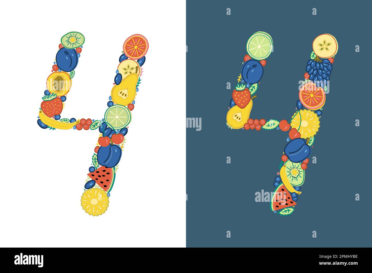 The number 4 is made up of brightly colored fruits and berries. Different fours, one on a white and one on a dark blue background. Hand-drawn. Stock Vector
