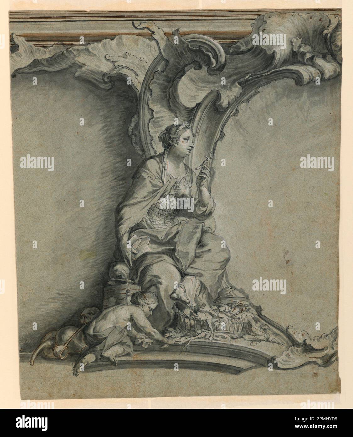 Drawing, Detail from a Doctor's Engraved Thesis (Personification of Knowledge); Made by Johann Wolfgang Baumgartner (Austro–German, 1712 – 1761); Germany; black chalk, pen and black ink, brush and ink wash on gray-blue laid paper Stock Photo