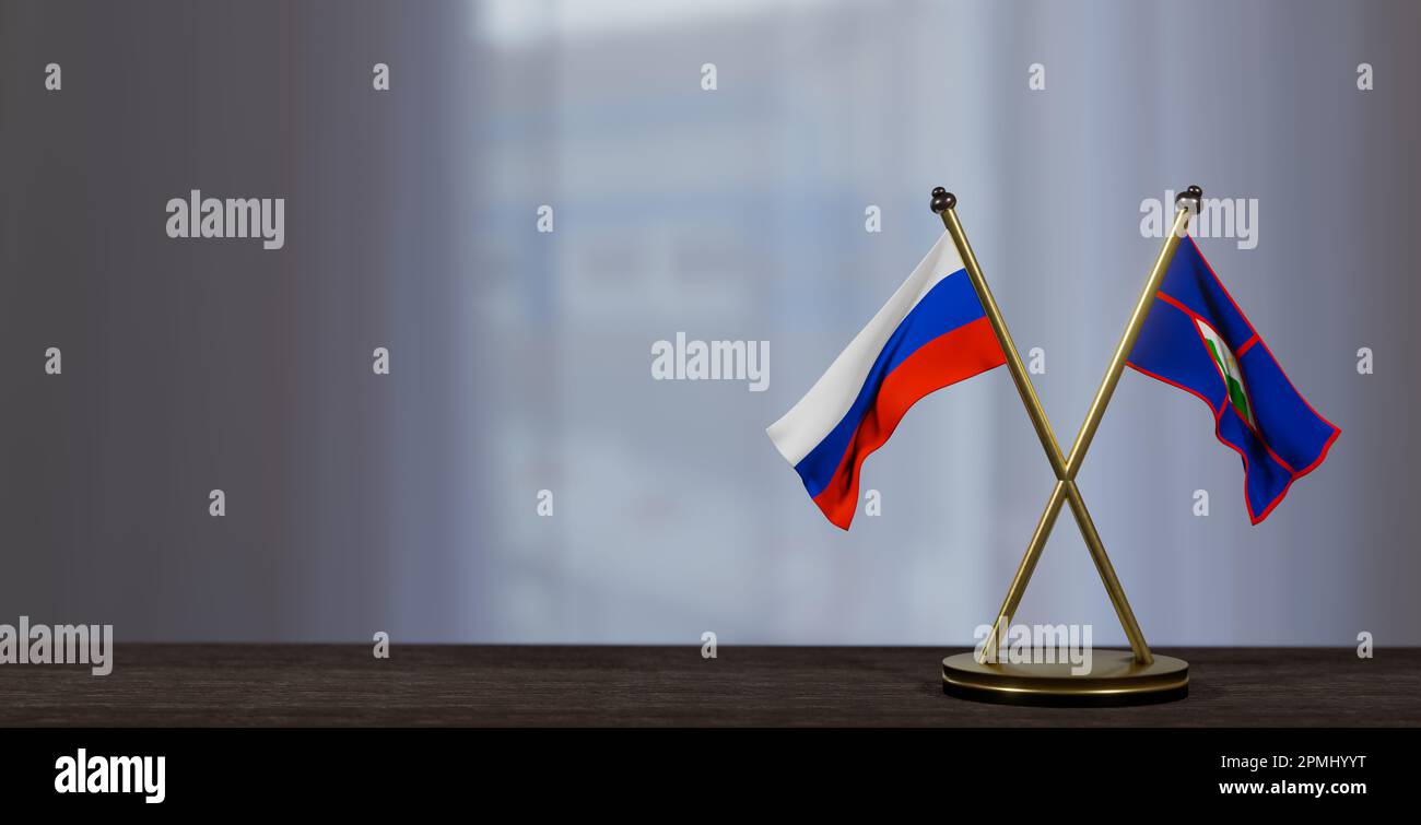 Russia and Sint Eustatius flags on table. Negotiation between Sint Eustatius and Russia. on little blur background. 3D work and 3D image Stock Photo