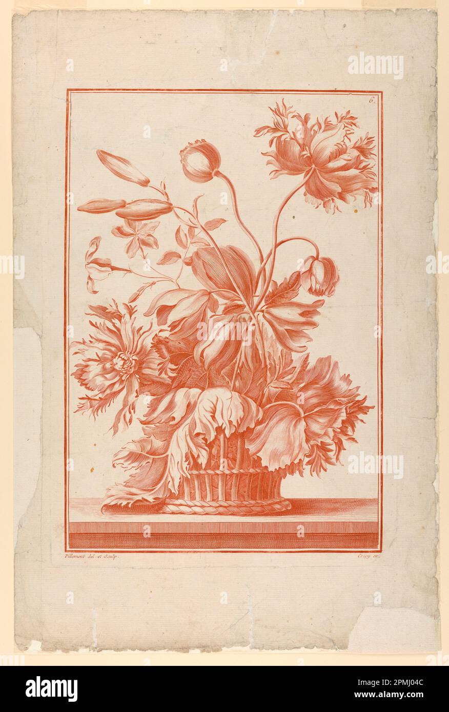 Print, Basket of Flowers, Plate; Jean-Baptiste Pillement (French, 1728–1808); Published by Louis Crépy; France; etching, with engraving, in sanguine, ruled borders in etched lines support: white laid paper; 46.3 x 30.3 cm (18 1/4 x 11 15/16 in.) Platemark/repeat: 35 x 25.1 cm (13 3/4 x 9 7/8 in.) Mat: 55.9 x 40.6 cm (22 x 16 in.) Stock Photo