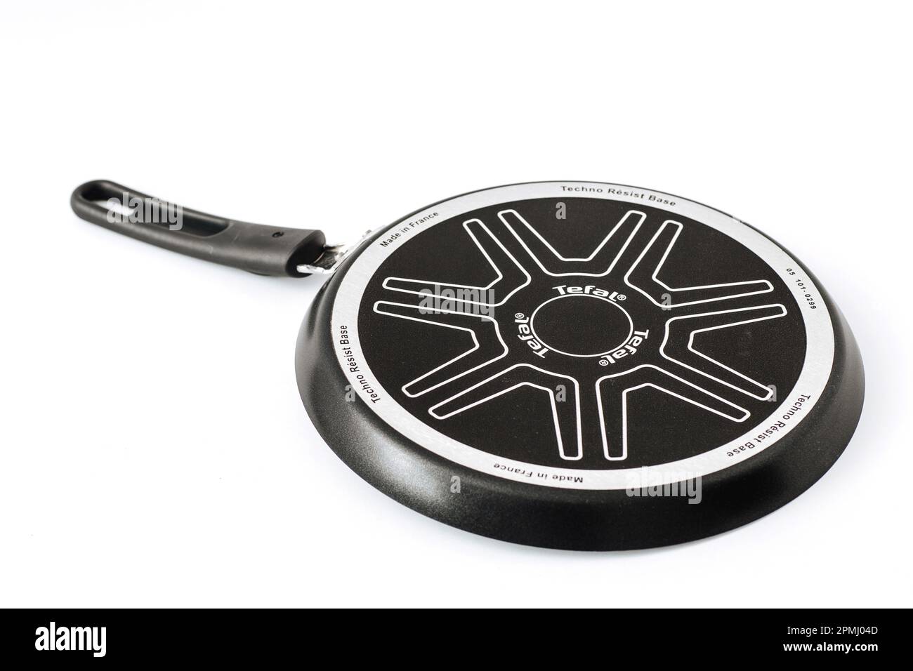 Dniprorudne, Ukraine - January 18 2021 : Close up of Tefal frying pan. Tefal pan, isoleted Stock Photo