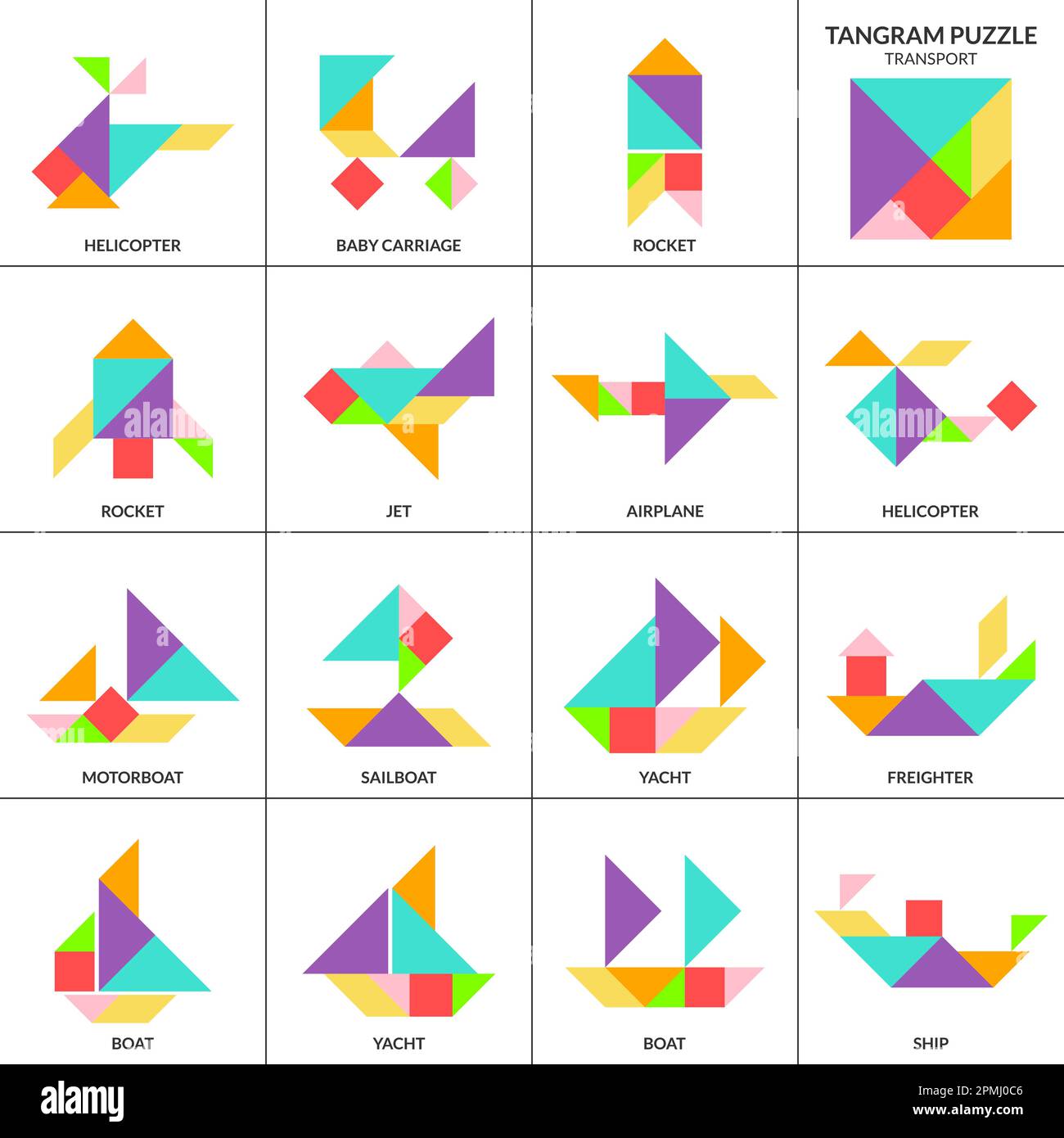 Tangram puzzle game. Vector set with various transport Stock Vector