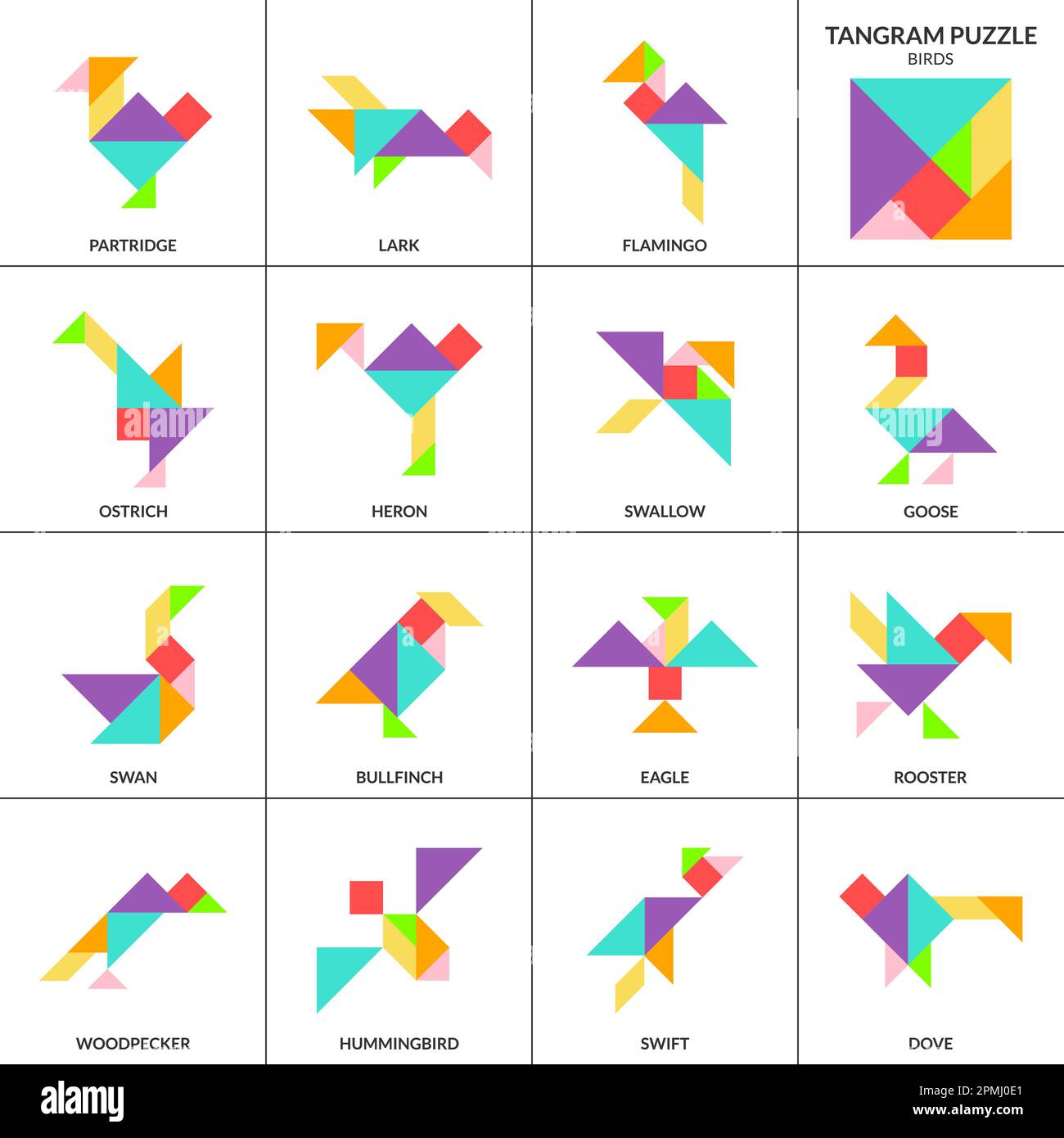 Tangram puzzle game. Vector set with various birds Stock Vector
