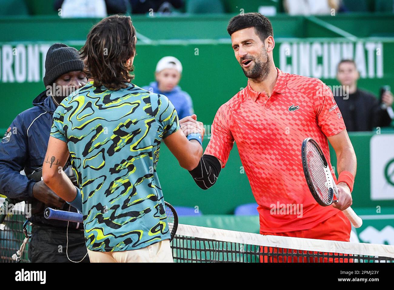 Lorenzo MUSETTI of Italia and Novak DJOKOVIC of Serbia during the Rolex  Monte-Carlo, ATP Masters 1000 tennis event on April 13, 2023 at Monte-Carlo  Country Club in Roquebrune Cap Martin, France -