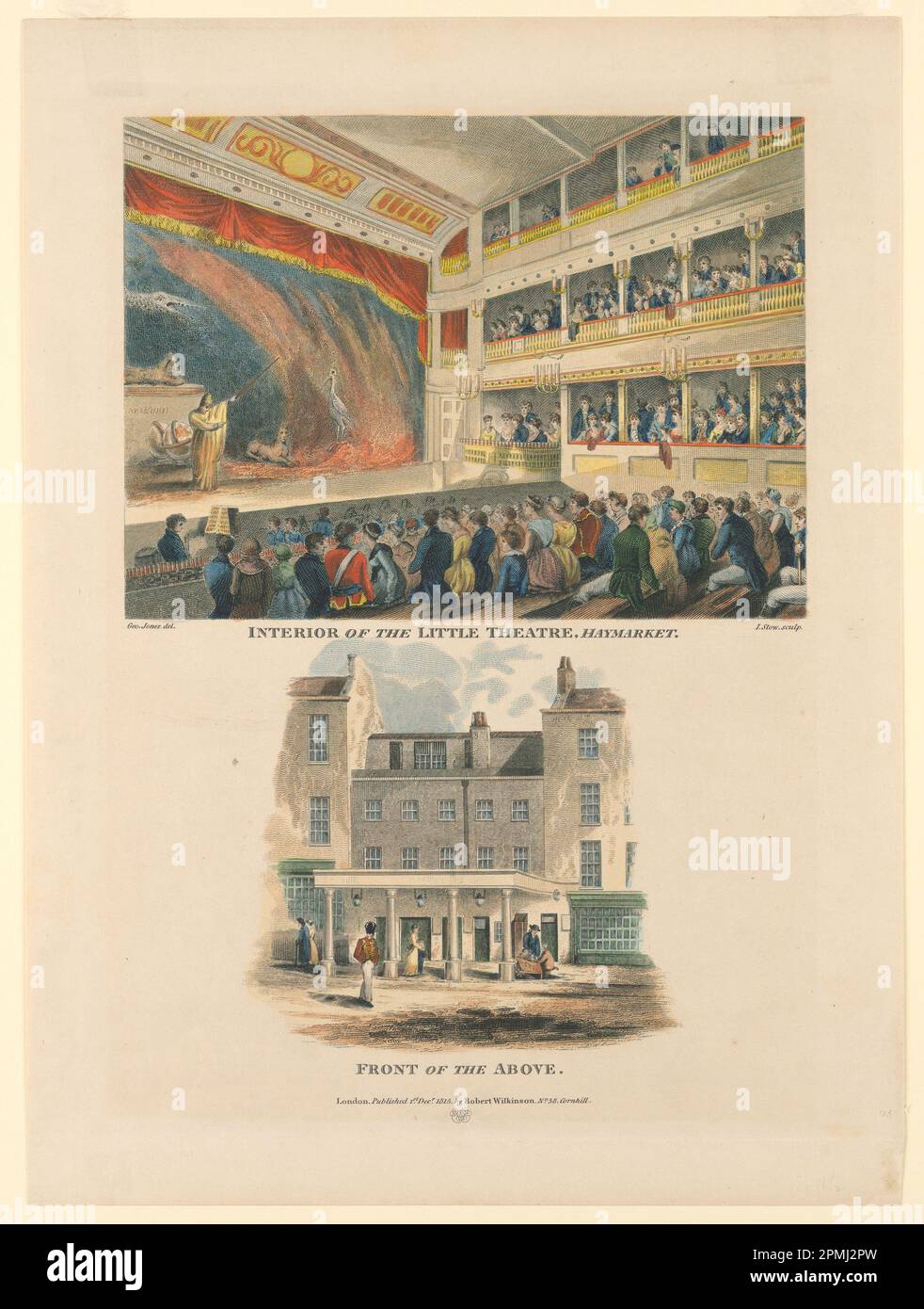 Print, Interior and Exterior of the Little Theater, Haymarket, London; After George Jones (1786–1869); Engraved by James Stow (1770–after 1820); England; etching, hand colored Stock Photo