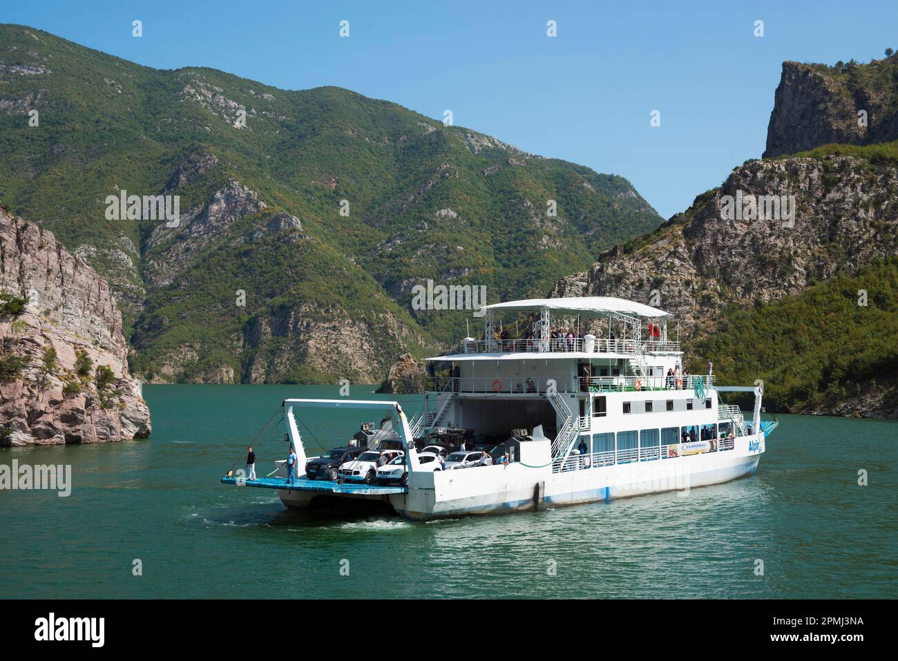 Ferry Alpine, Koman, Koman Reservoir, River Drin, Albania, Ferry Stock Photo