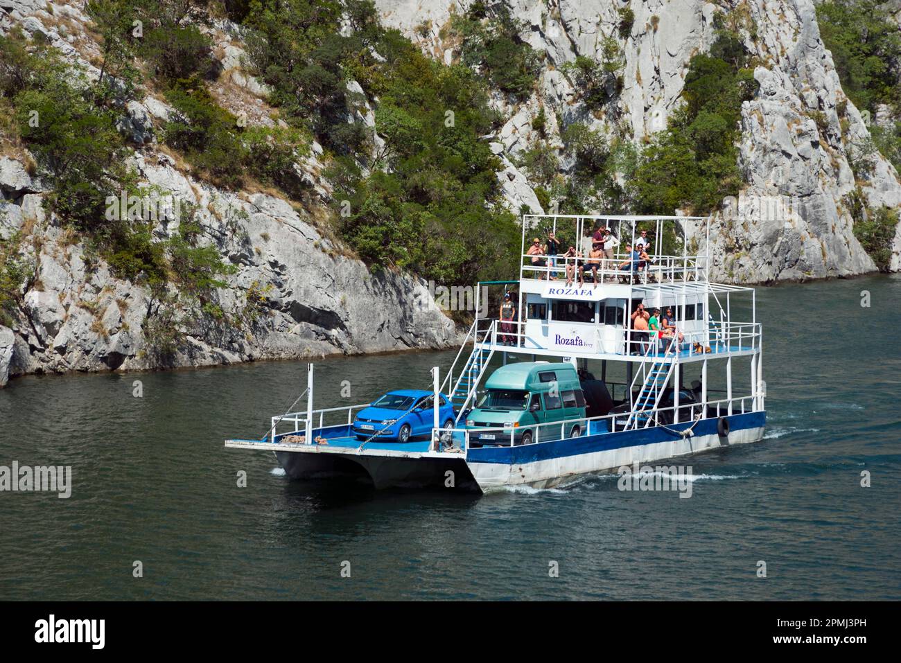 Rozafa ferry, Koman reservoir, Drin river, Albania Stock Photo
