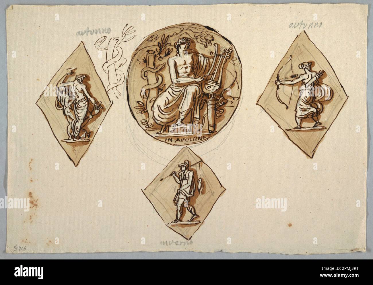 Drawing, Decorative Project for Central Tondo with Apollo, Autumn and Winter; Designed by Felice Giani (Italian, 1758–1823); Italy; pen and brown ink, brush and brown wash over traces of graphite on cream laid paper; 27.7 x 40.3 cm (10 7/8 x 15 7/8 in.) Stock Photo