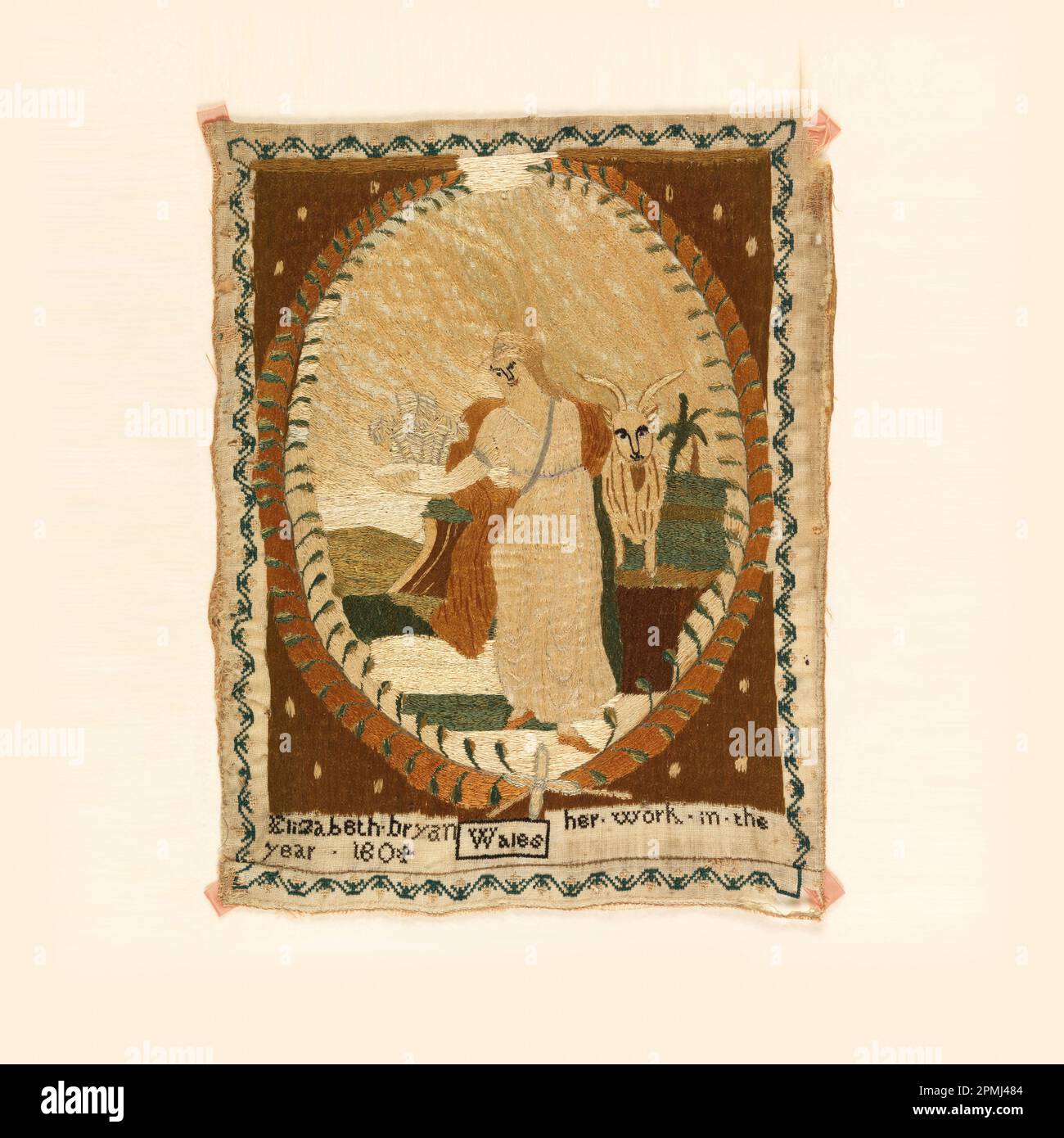 Embroidered Picture (England); Embroidered by Elizabeth Bryan; silk embroidery on wool; Warp x Weft: 34 x 26 cm (13 3/8 x 10 1/4 in.); Bequest of Mrs. Henry E. Coe; 1941-69-7 Stock Photo