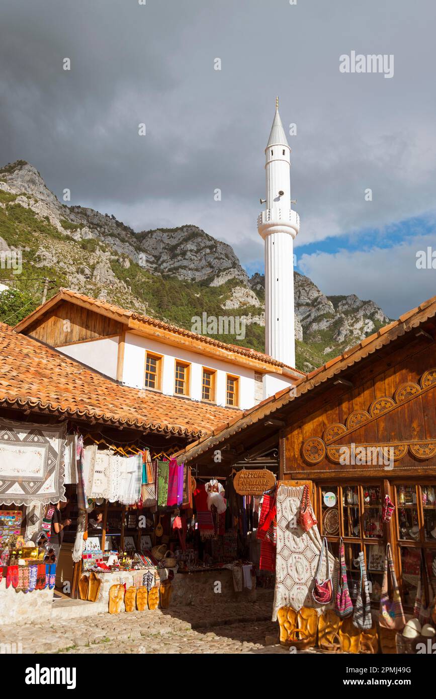 Bazaar Street, Bazaar Mosque, Xhamia e Pazarit, Kruje, Albania Stock Photo