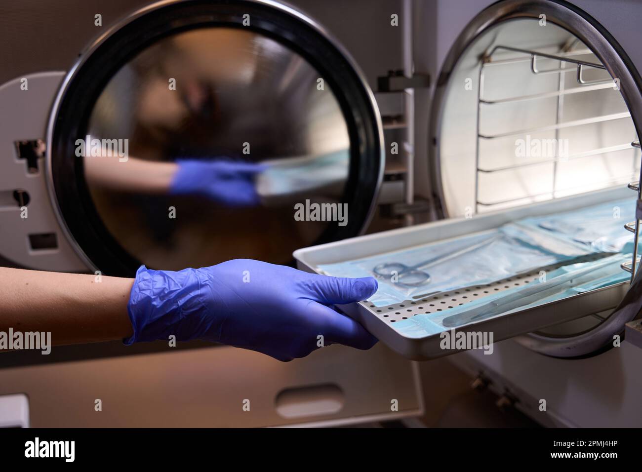 Side view the process of sterilizing medical instruments in an