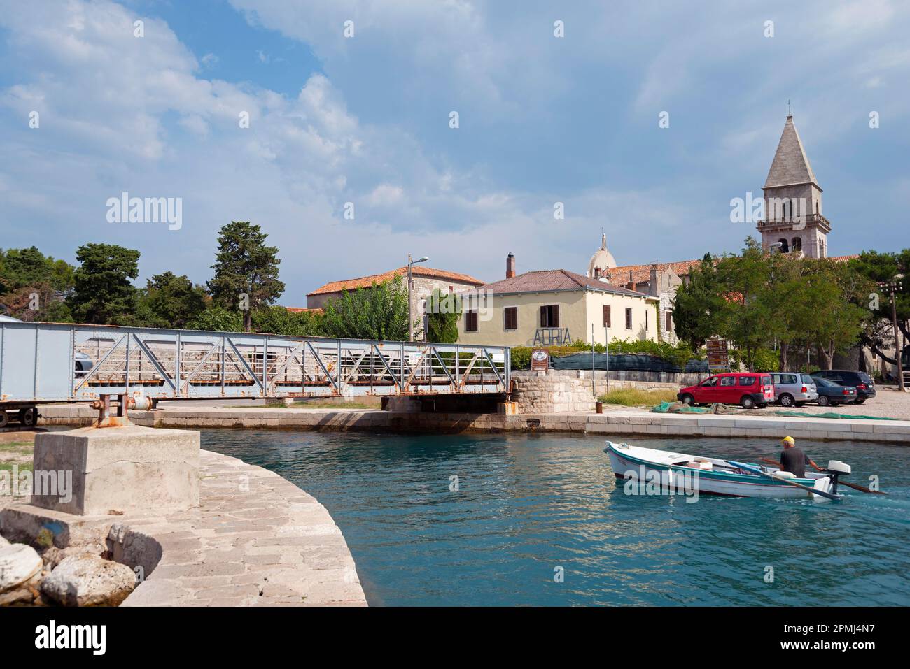 Boat and bridge, Osor, Cres Island, Kvarner Gulf Bay, Croatia Stock Photo