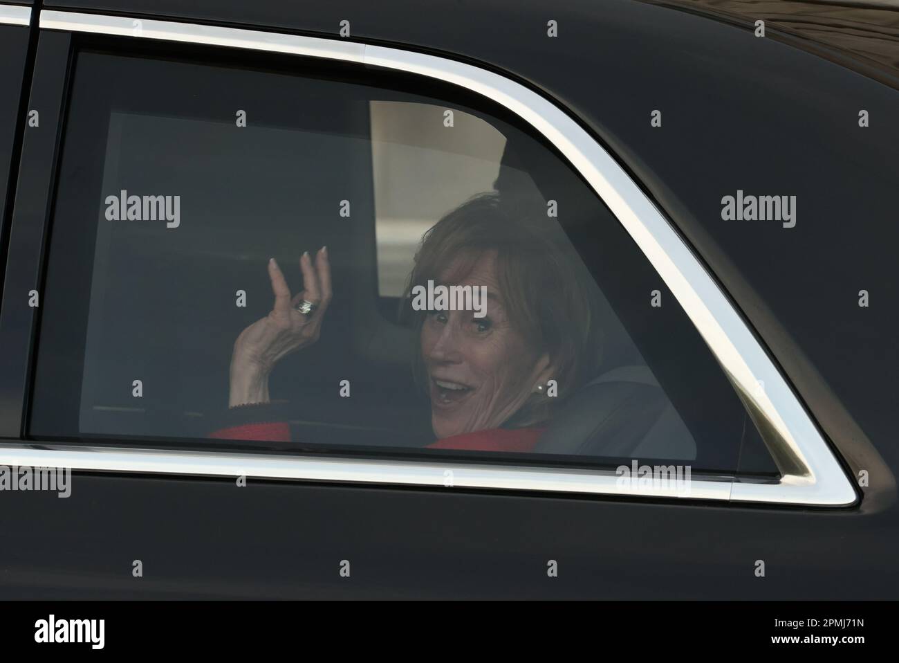 US President Joe Biden's sister, Valerie Biden Owens leaves after US President Joe Biden addressed the Oireachtas Eireann, the national parliament of Ireland, at Leinster House in Dublin, on day three of his visit to the island of Ireland. Picture date: Thursday April 13, 2023. Stock Photo