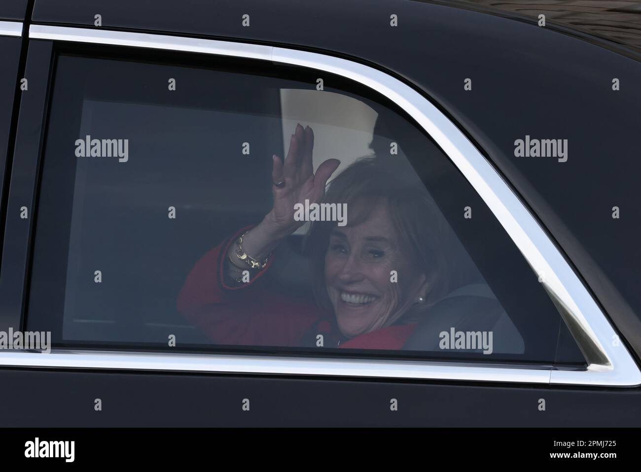 US President Joe Biden's sister, Valerie Biden Owens leaves after US President Joe Biden addressed the Oireachtas Eireann, the national parliament of Ireland, at Leinster House in Dublin, on day three of his visit to the island of Ireland. Picture date: Thursday April 13, 2023. Stock Photo