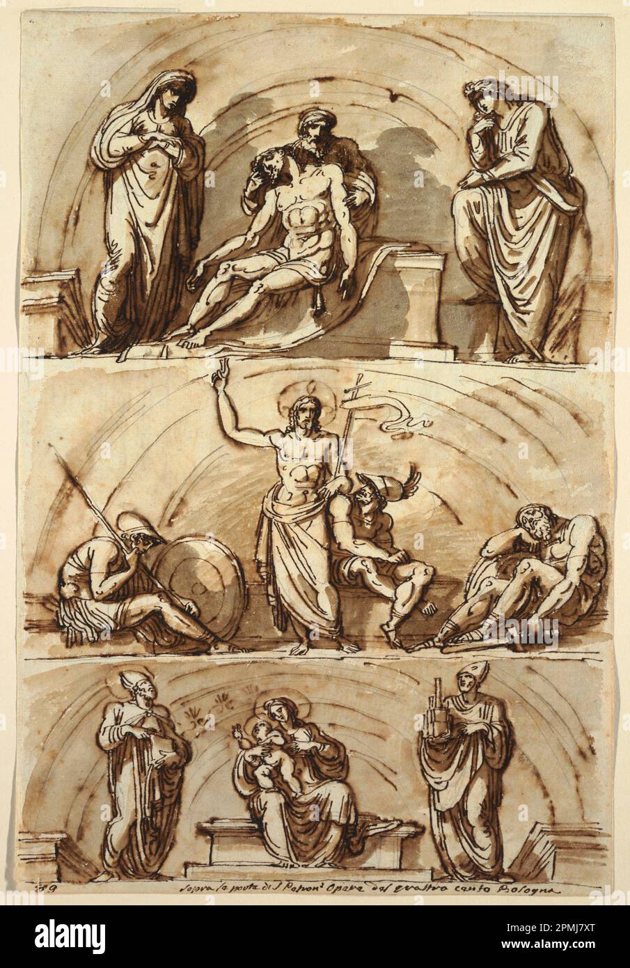 Drawing, Studies after Lunettes by; Felice Giani (Italian, 1758–1823); Italy; pen and brown ink, brown wash, graphite on white laid paper; 37.2 x 25.2 cm (14 5/8 x 9 15/16 in.) Mat: 35.6 x 45.7 cm (14 x 18 in.) Stock Photo