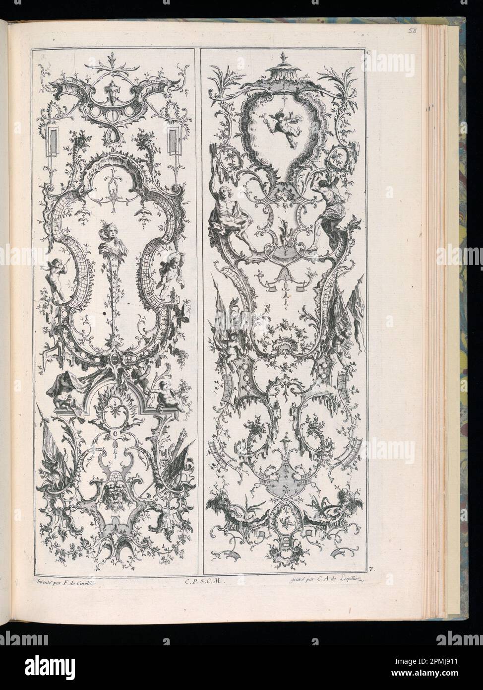 Bound Print, Two Upright Panels, Livre de Paneaux à divers usages (Book of Panels for Various Uses); Designed by François de Cuvilliés the Elder (Belgian, active Germany, 1695 - 1768); Engraved by Karl Albert von Lespilliez (1723–1796); France; engraving on off-white laid paper; Platemark: 36 x 23.5 cm (14 3/16 x 9 1/4 in.) Sheet: 39.2 x 28.3 cm (15 7/16 x 11 1/8 in.) Album: 3 x 30.3 x 40.1 cm (1 3/16 x 11 15/16 x 15 13/16 in.) Album open: 13.5 x 58.6 x 40 cm (5 5/16 x 23 1/16 x 15 3/4 in.) Stock Photo