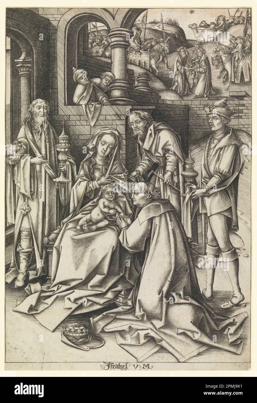 Print, Adoration of Magi, plate 7 from series 'Life of the Virgin'; Israhel van Meckenem (German, ca. 1440 - 1503); After Hans Holbein the Younger (1497/98 – 1543); Germany; engraving on a white paper; 26.7 x 18.1 cm (10 1/2 x 7 1/8 in.); 1958-122-6 Stock Photo
