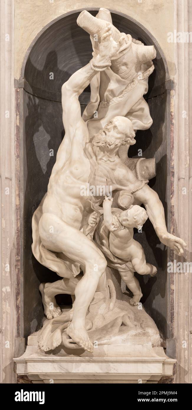 GENOVA, ITALY - MARCH 7, 2023: The marble statue of St. Bartholemew in the church Basilica di Santa Maria Assunta by Claude David (1678 - 1721). Stock Photo