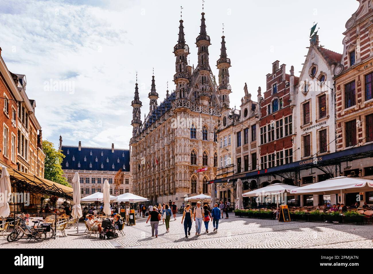 The Grote Markt is the central square of Leuven. Most of the square's buildings are built in the Gothic style, of which the Town Hall is a prime examp Stock Photo