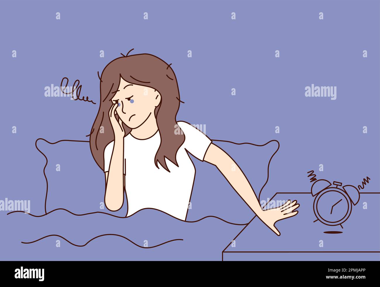 Sleepy and tired woman sits in bed and tries to turn off the alarm clock. Fight insomnia and stress at night. Exhaustion from work. Flat vector illust Stock Vector