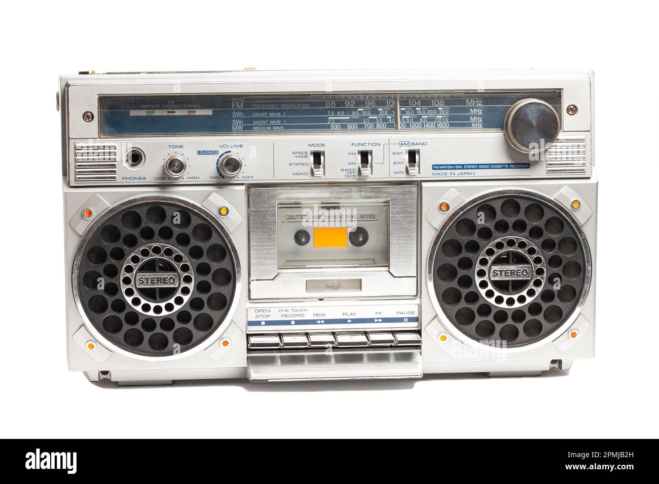 Silver retro ghetto radio boom box cassette recorder from 80s Stock