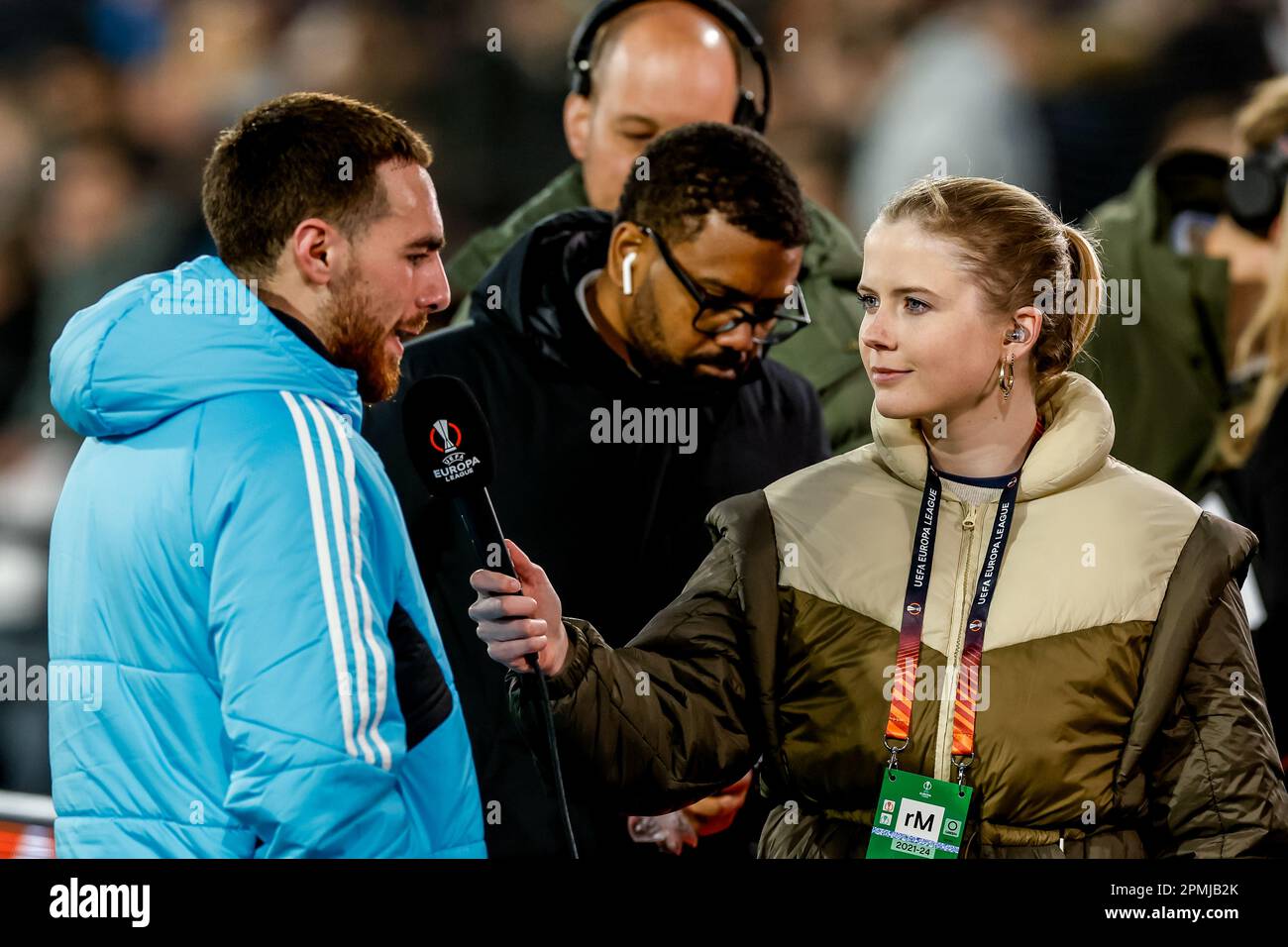 Stadion Feijenoord, Netherlands. 13th Apr, 2023. STADION FEIJENOORD, NETHERLANDS - APRIL 13: Orkun Kokcu of Feyenoord is interviewed by Noa Vahle presenter of RTL 7 during the Quarterfinal First Leg - UEFA Europa League match between Feyenoord and AS Roma at the Rotterdam on April 13, 2023 in Stadion Feijenoord, Netherlands (Photo by Marcel ter Bals/Orange Pictures) Credit: Orange Pics BV/Alamy Live News Stock Photo