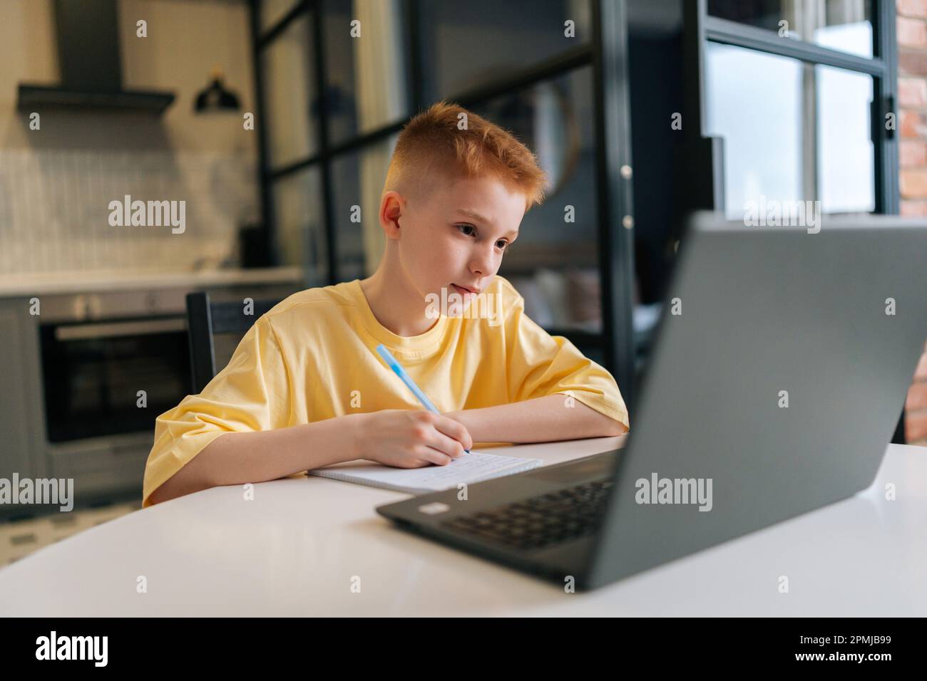Side view of focused pupil boy learning online using laptop computer ...