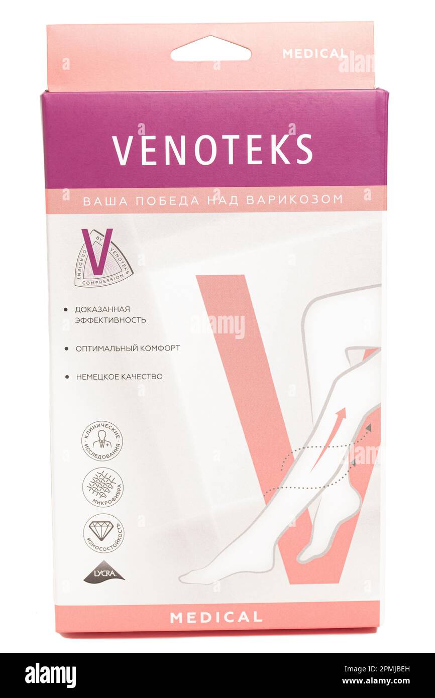 Moscow, Russia, April 13, 2023: VENOTEKS COMFORT knee socks with ...