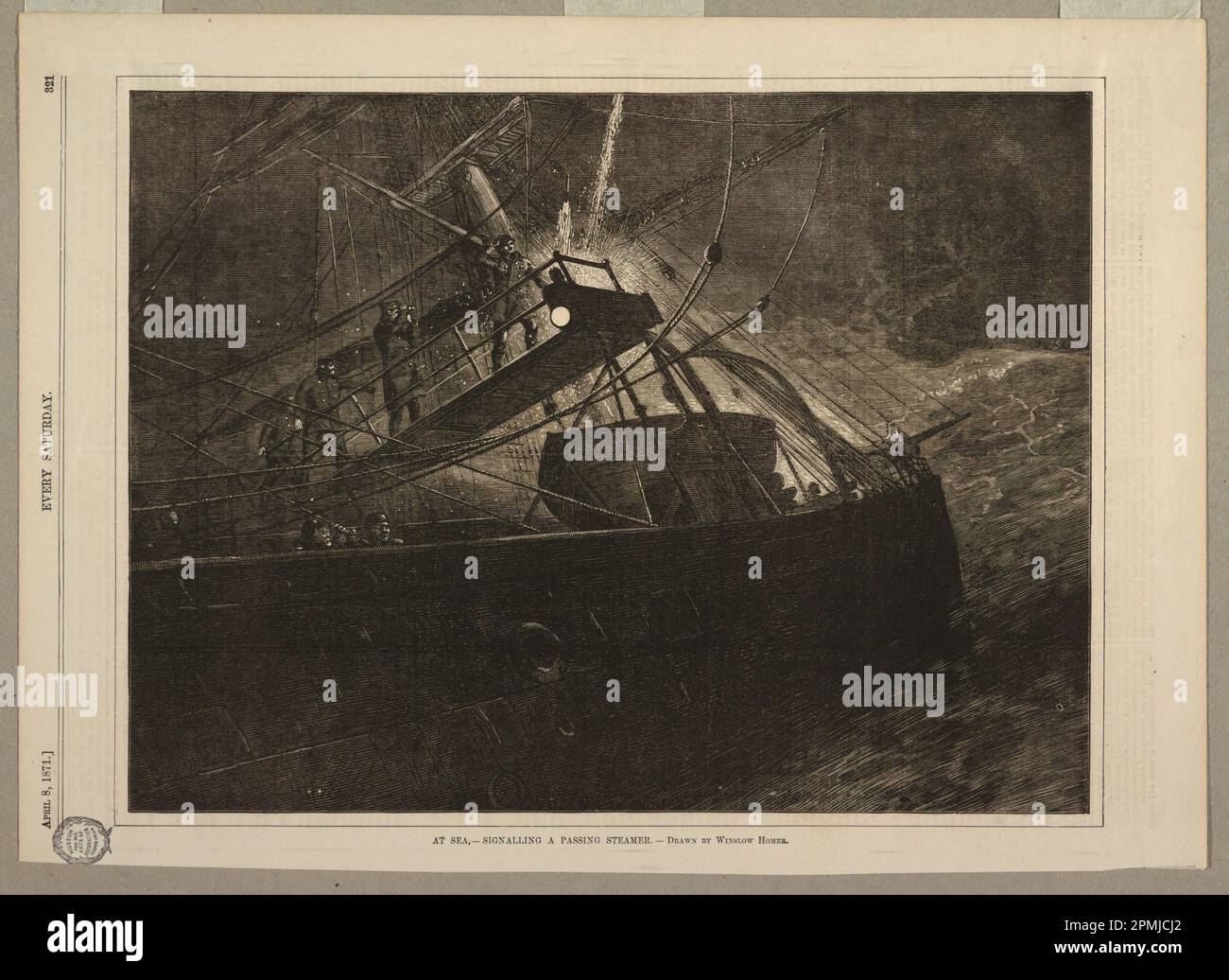 Print, At Sea, - signalling a passing Steamer; After Winslow Homer (American, 1836–1910); USA; wood engraving printed in black ink on paper ; 26.5 x 36.8 cm (10 7/16 x 14 1/2 in.) Stock Photo