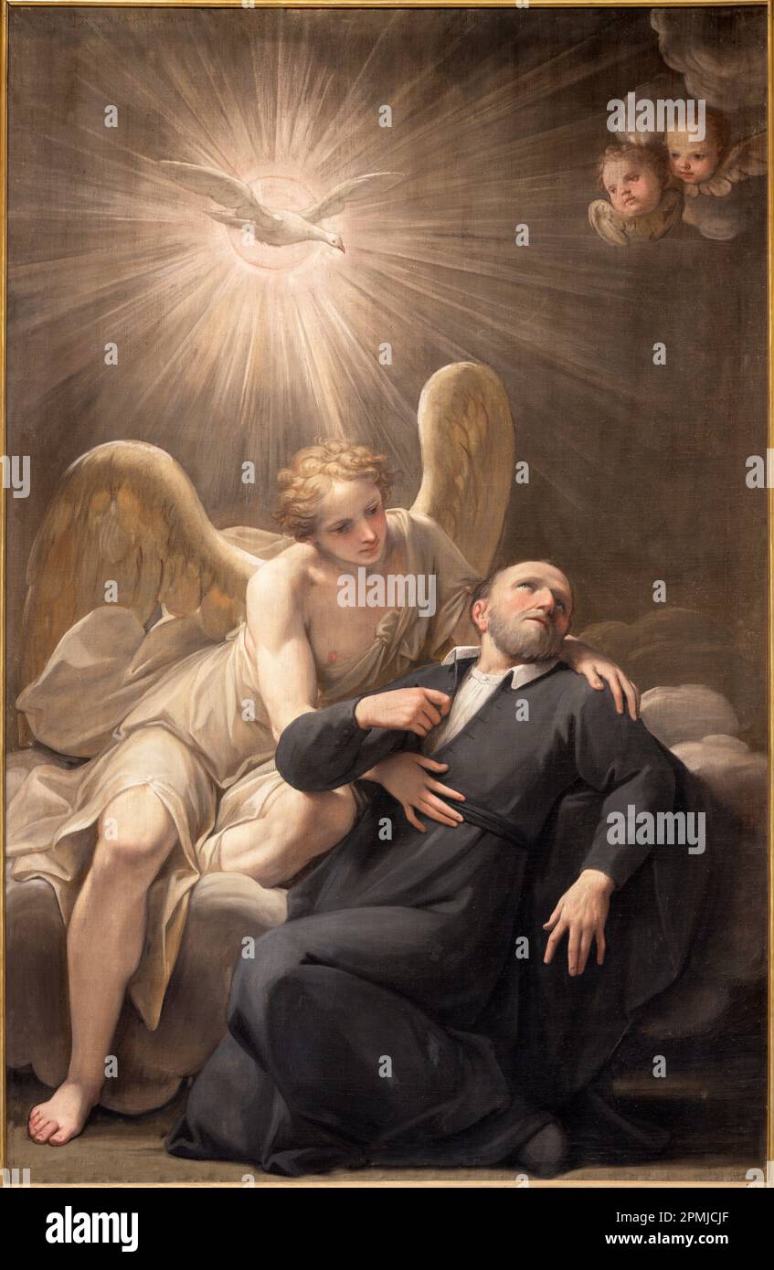GENOVA, ITALY - MARCH 8, 2023: The painting Angel heals St. Philip Neri in the church Chiesa di San Filippo Neri Stock Photo