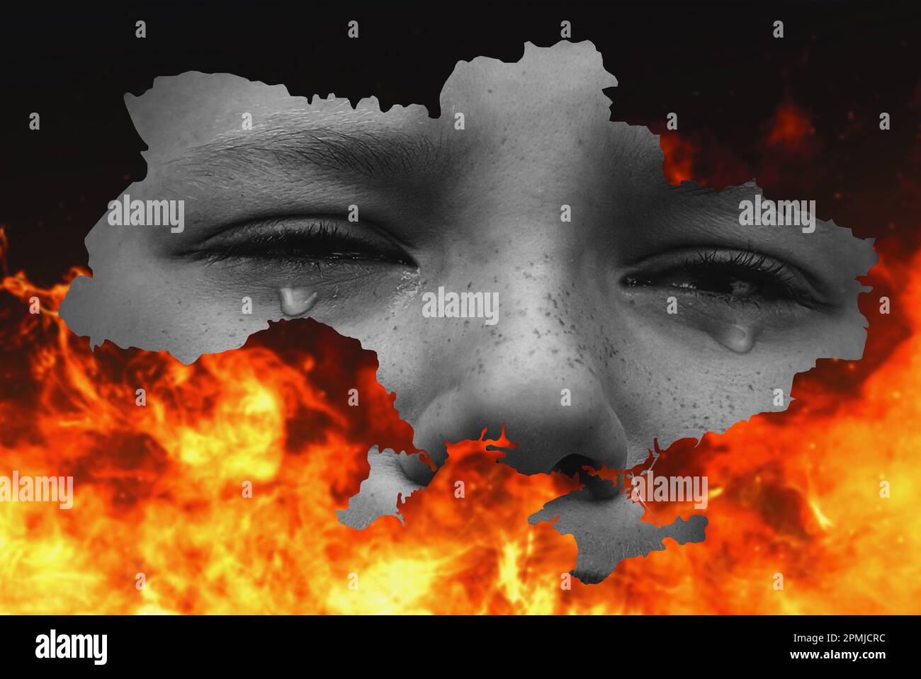 War between Russia and Ukraine. Map of Ukraine on fire. stop the war Stock Photo