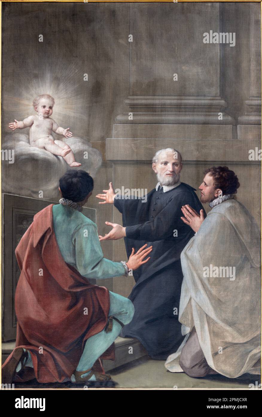 GENOVA, ITALY MARCH 8, 2023 The painting St. Philip Neri Jesus child