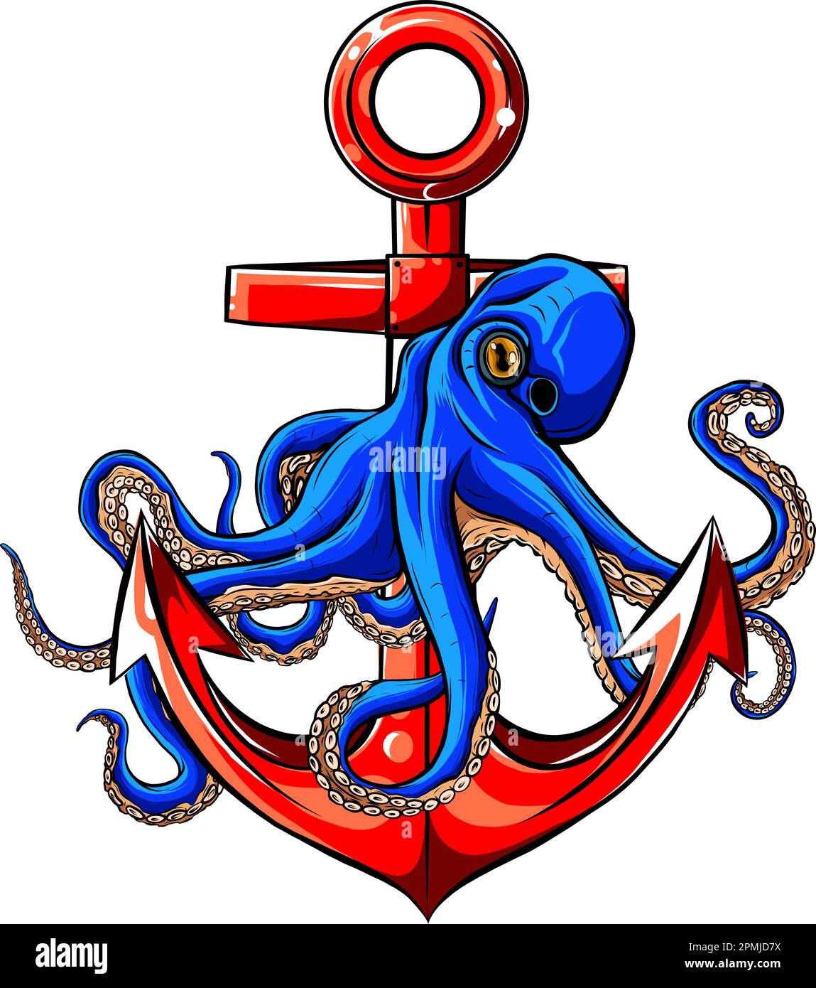 vector illustration of ctopus holding a ships anchor on white background. digital hand draw Stock Vector