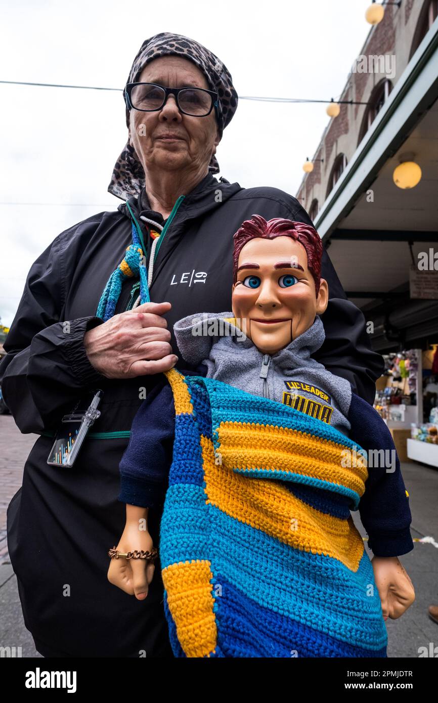 Seattle, USA. 20 Mar, 2023. A person at Pike Place Market with a Jeff Dunham Ventriloquist