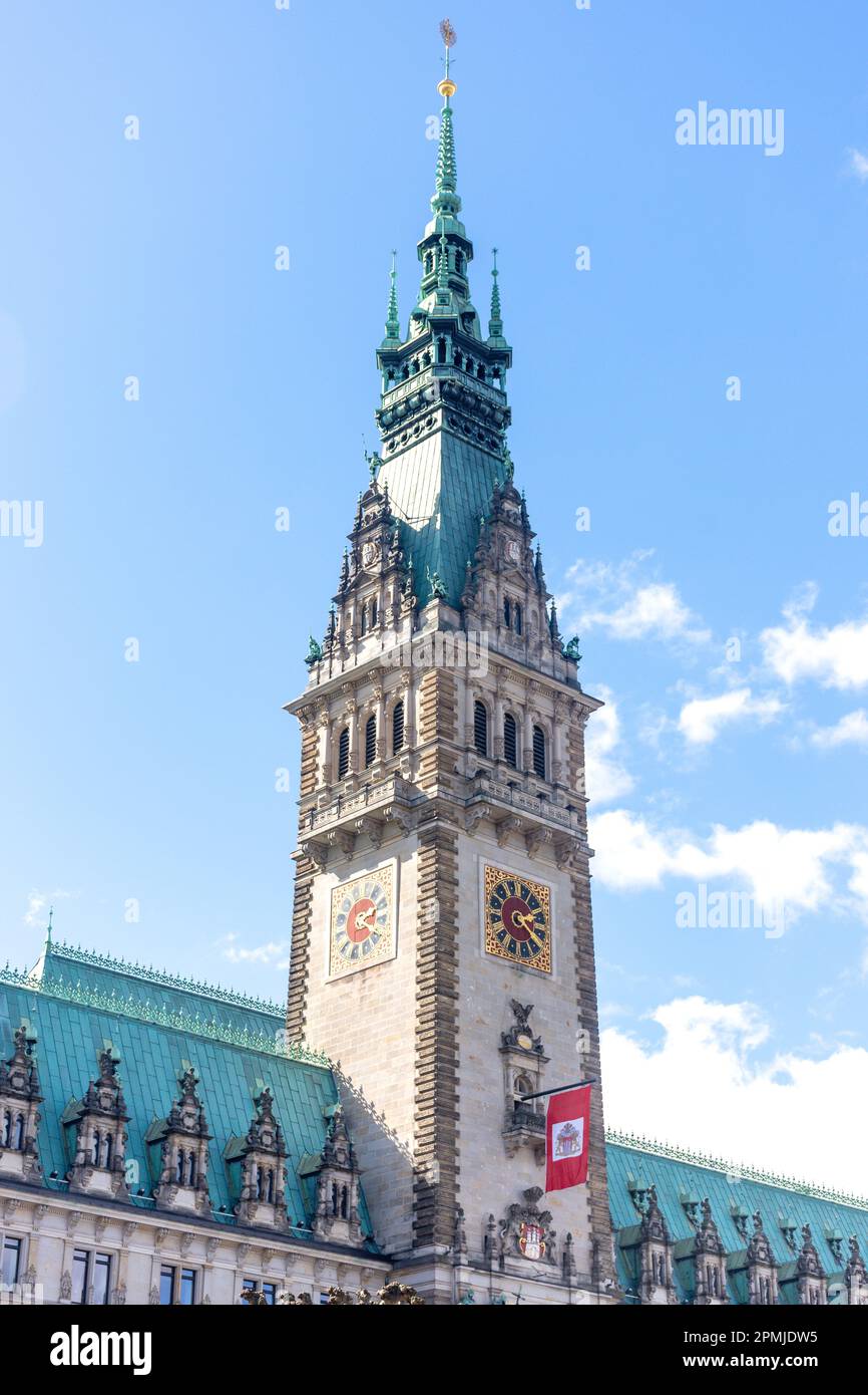 Clock Tower, Hamburger Rathaus (Hamburg Town Hall), Rathausplatz , Hamburg, Federal Republic of Germany Stock Photo