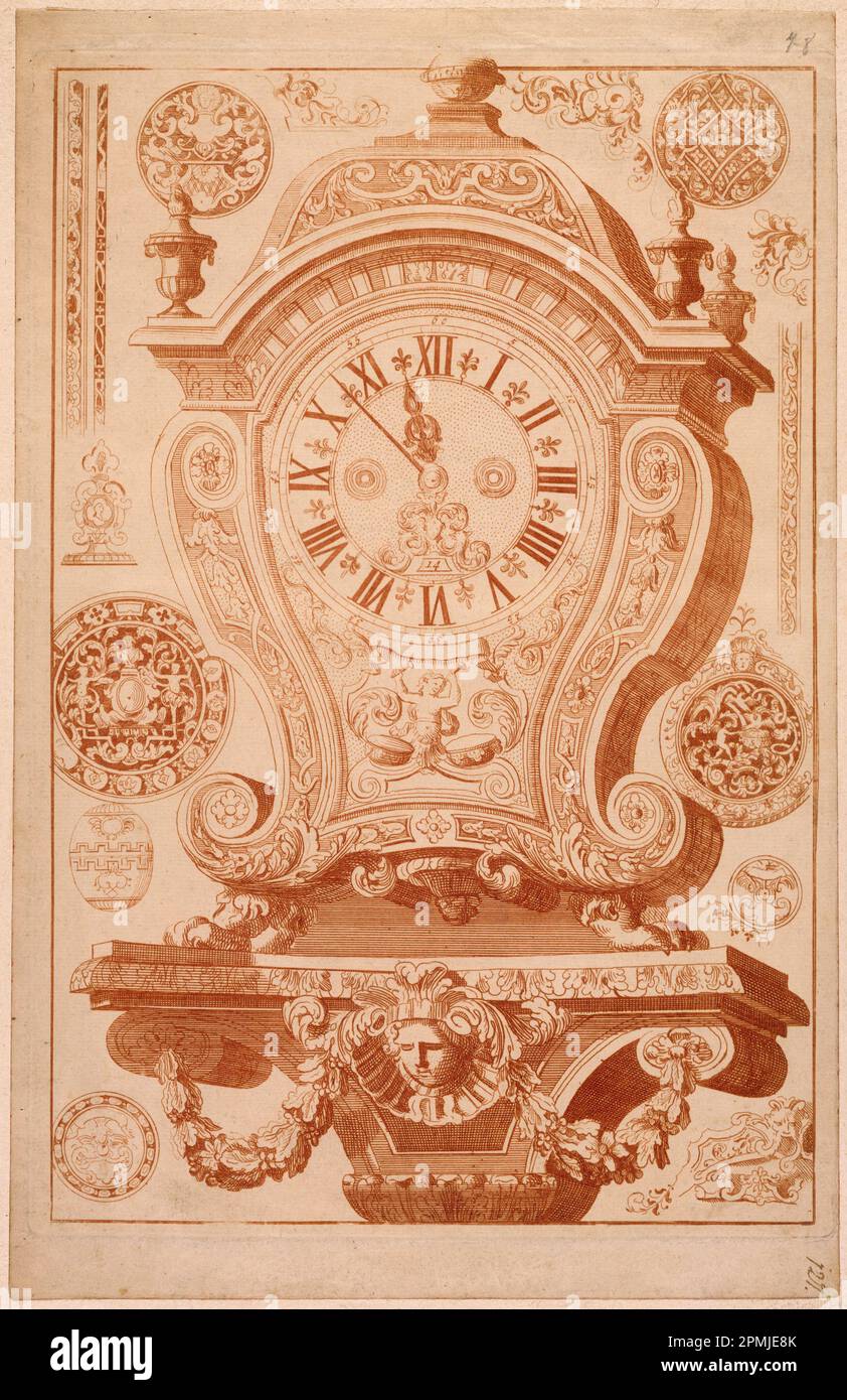 Print, Design for a Clock, plate 4, from Nouveaux livre de boites de pendulles de coqs et etuys de montres et autres necessaire au Orlogeurs; Designed by Daniel Marot (French, active in the Netherlands and England, 1661–1752); France; etching printed in red ink on paper; Mount: 34.2 x 22.1 cm (13 7/16 x 8 11/16 in.) Sheet:: 29.8 x 19.1 cm (11 3/4 x 7 1/2 in.) Platemark: 28.5 x 19.5 cm (11 1/4 x 7 11/16 in.) Mat: 45.7 x 35.6 cm (18 x 14 in.) Frame H x W x D: 50.2 x 39.7 x 2.5 cm (19 3/4 in. x 15 5/8 in. x 1 in.) Stock Photo