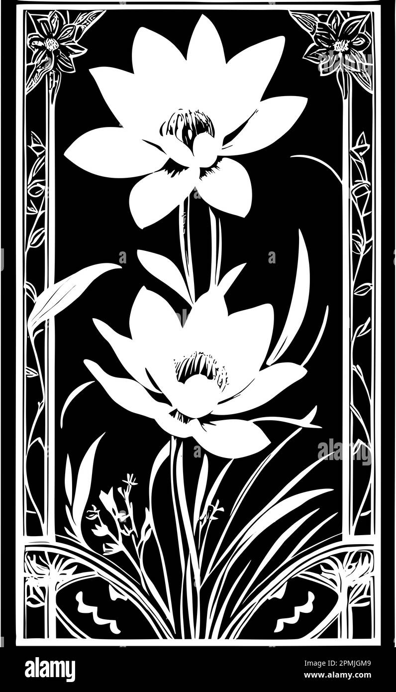 white graphic contour drawing of a bouquet of flowers on a black